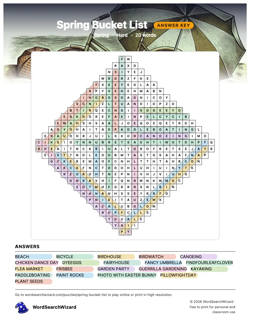 Spring Bucket List word search answer key, all 20 words marked