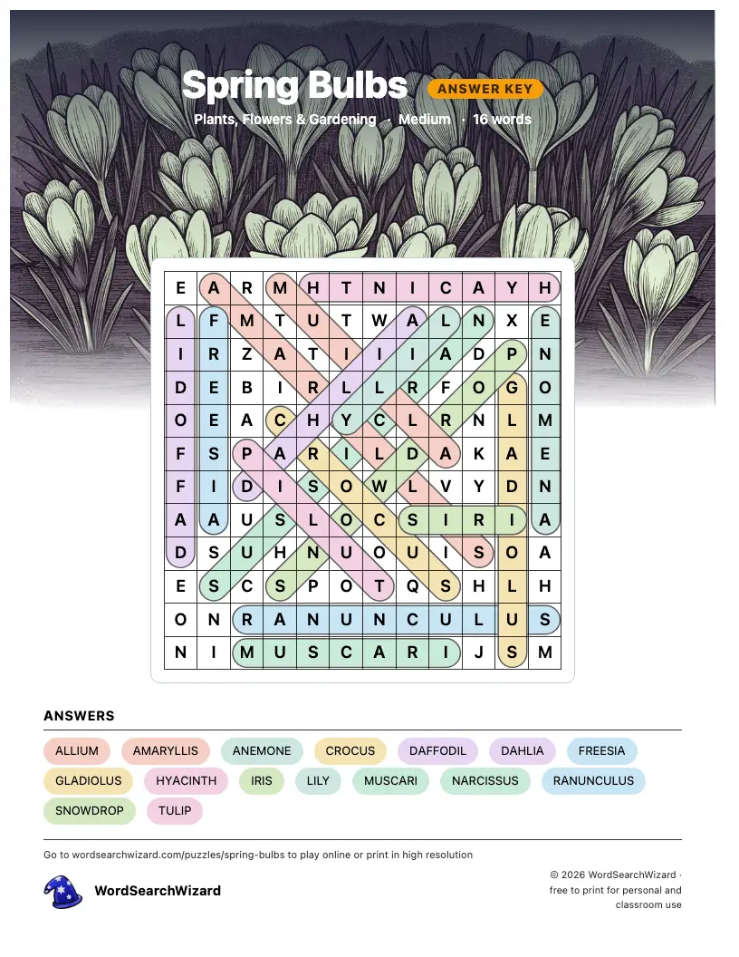 Spring Bulbs word search answer key, all 16 words marked