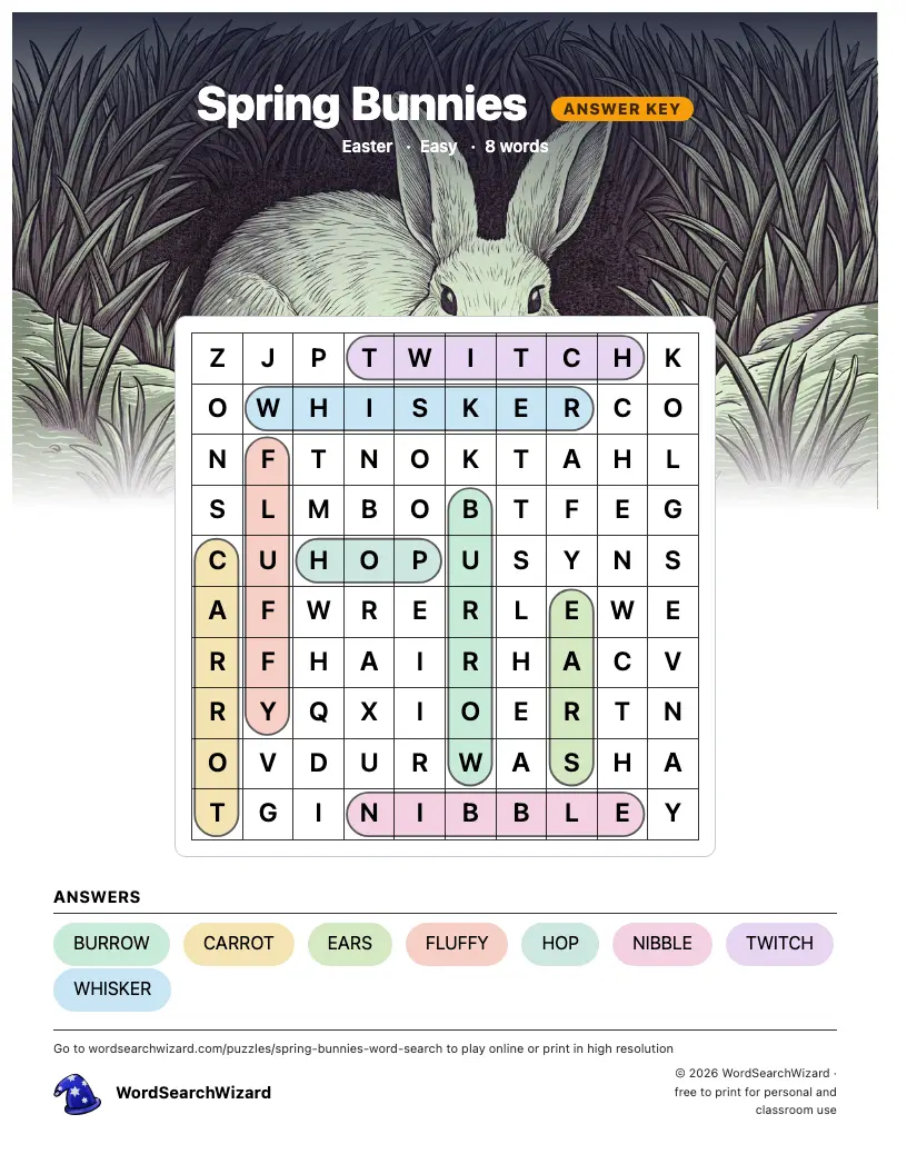 Spring Bunnies word search answer key, all 8 words marked