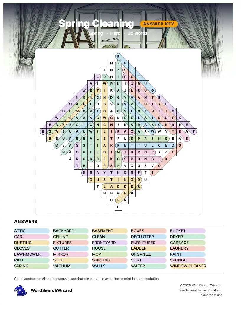 Spring Cleaning word search answer key, all 35 words marked