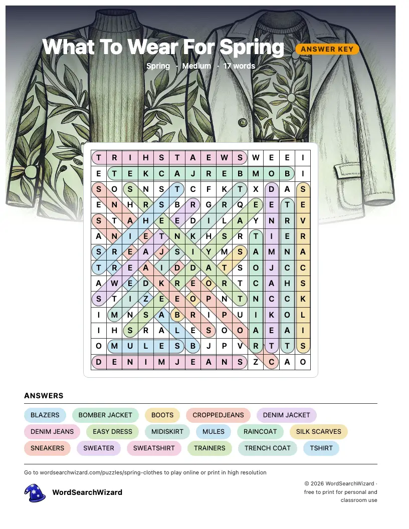 What To Wear For Spring word search answer key, all 17 words marked