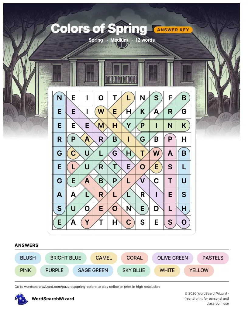 Colors of Spring word search answer key, all 12 words marked