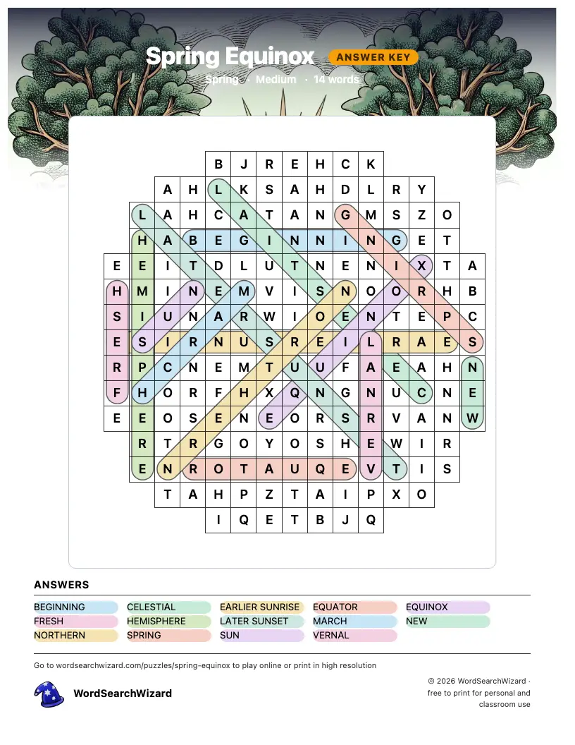 Spring Equinox word search answer key, all 14 words marked