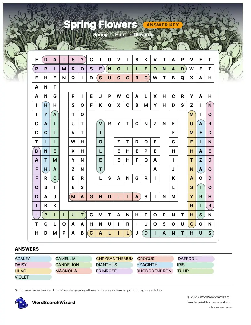 Spring Flowers word search answer key, all 16 words marked