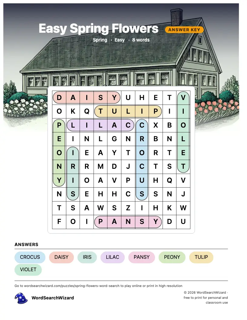 Easy Spring Flowers word search answer key, all 8 words marked