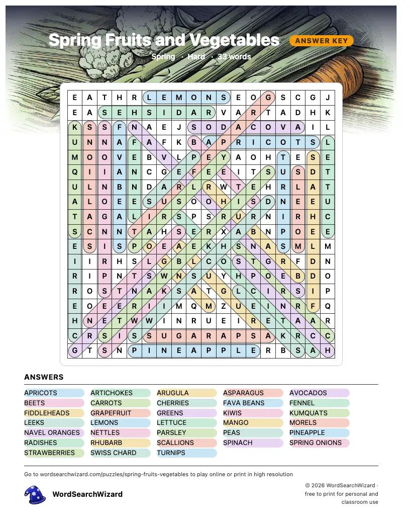 Spring Fruits and Vegetables word search answer key, all 33 words marked