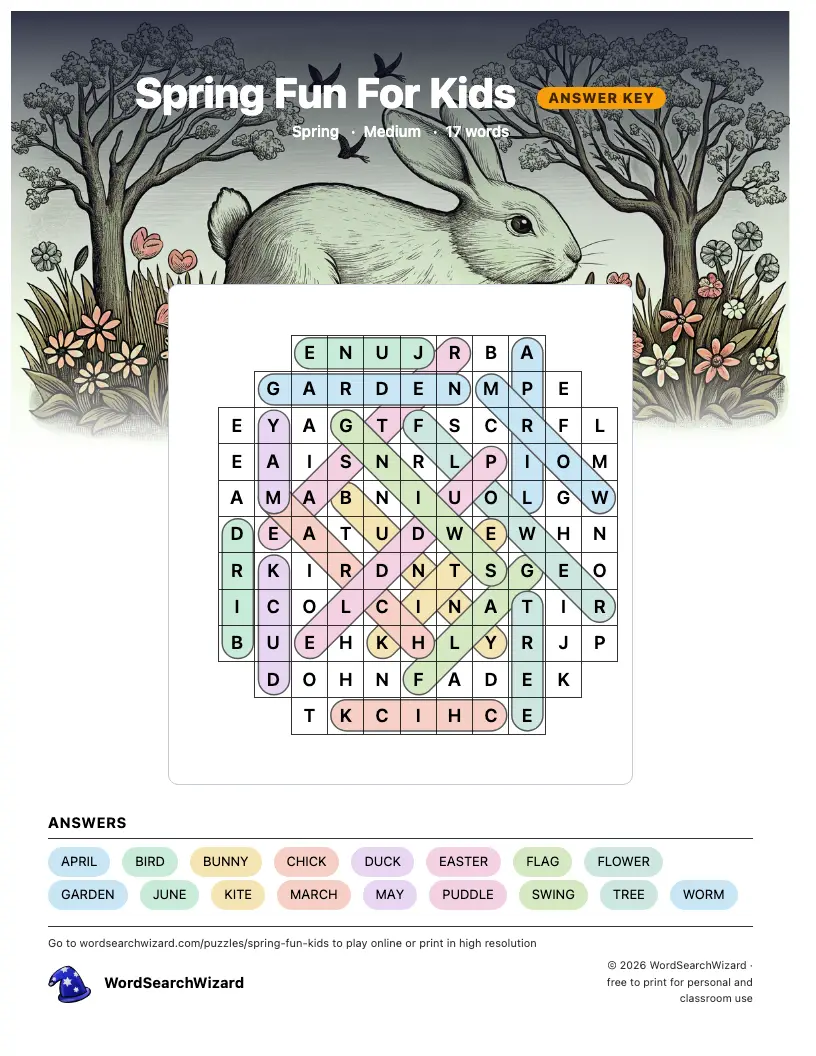 Spring Fun For Kids word search answer key, all 17 words marked