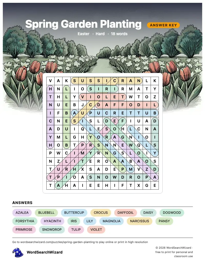 Spring Garden Planting word search answer key, all 18 words marked