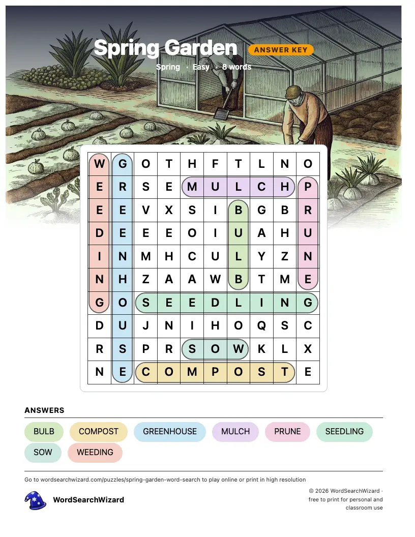 Spring Garden word search answer key, all 8 words marked