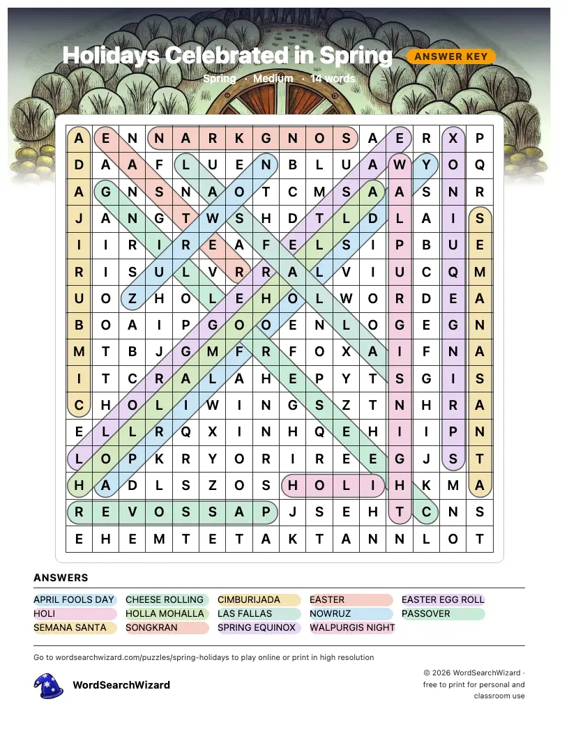 Holidays Celebrated in Spring word search answer key, all 14 words marked