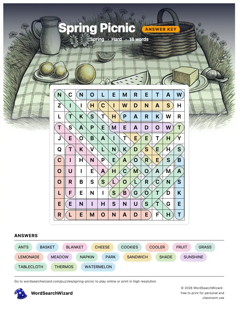 Spring Picnic word search answer key, all 18 words marked