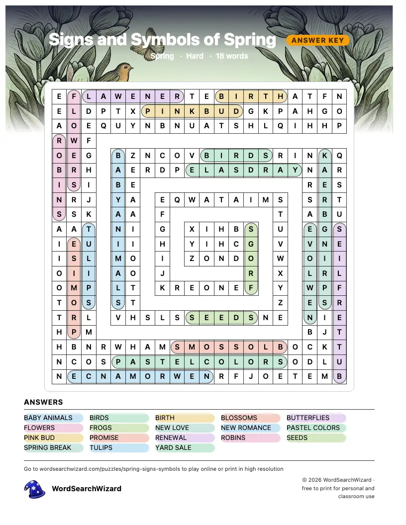 Signs and Symbols of Spring word search answer key, all 18 words marked