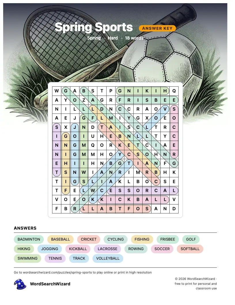 Spring Sports word search answer key, all 18 words marked