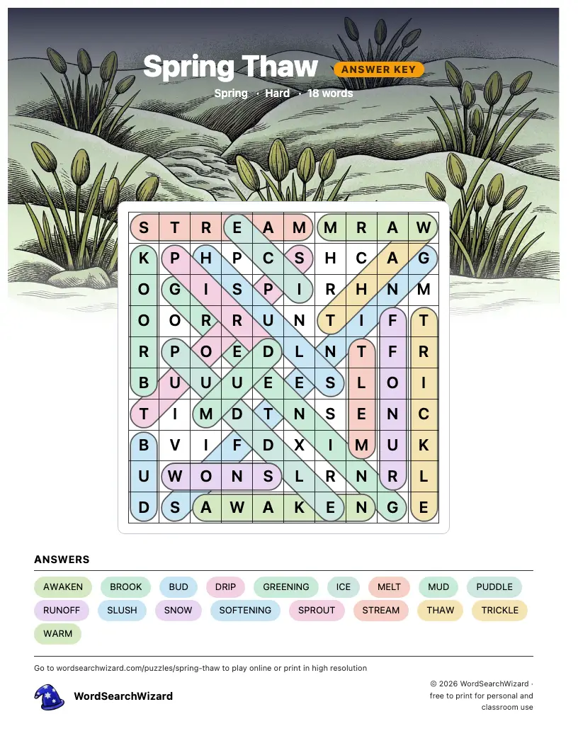 Spring Thaw word search answer key, all 18 words marked