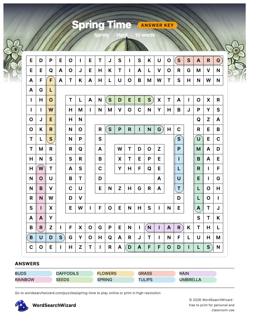 Spring Time word search answer key, all 10 words marked