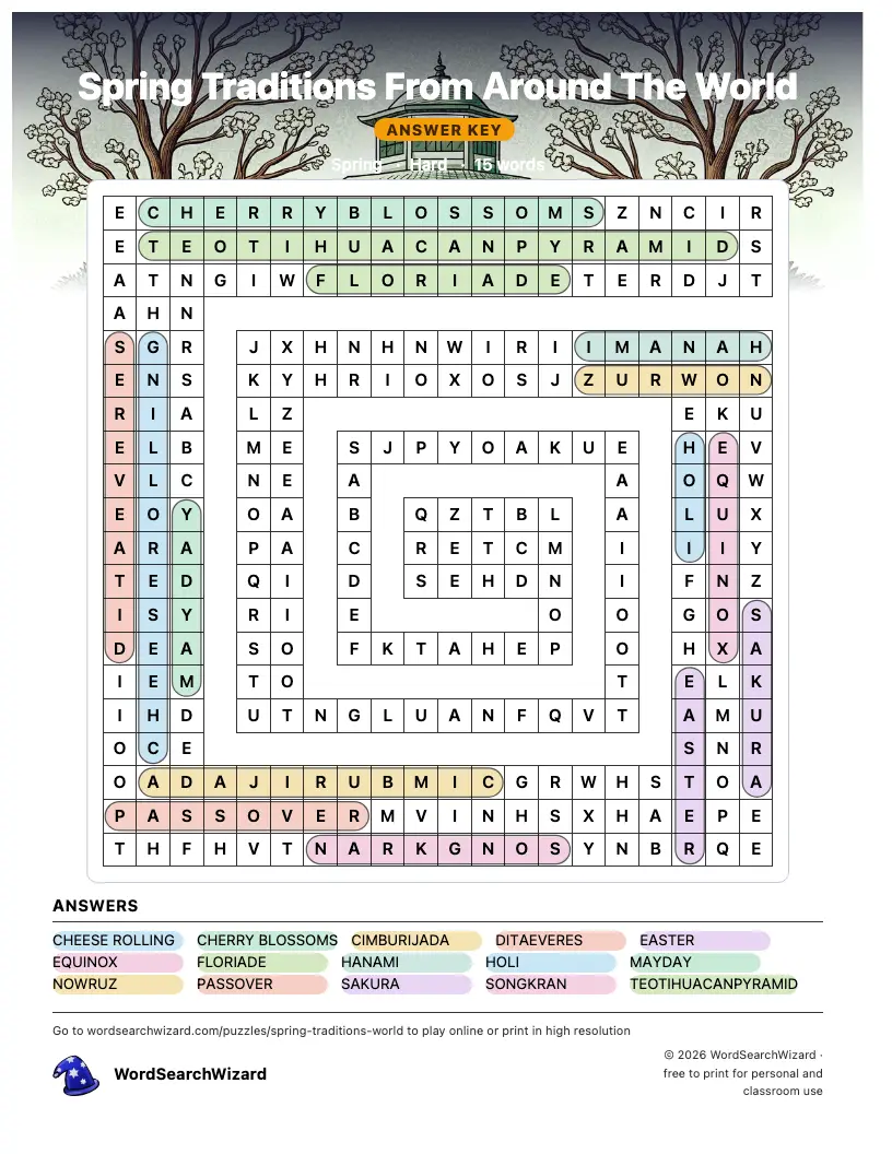 Spring Traditions From Around The World word search answer key, all 15 words marked