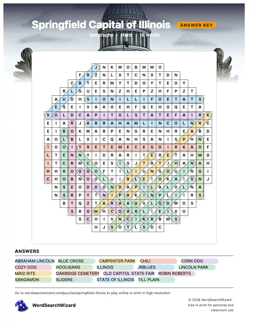 Springfield Capital of Illinois word search answer key, all 18 words marked