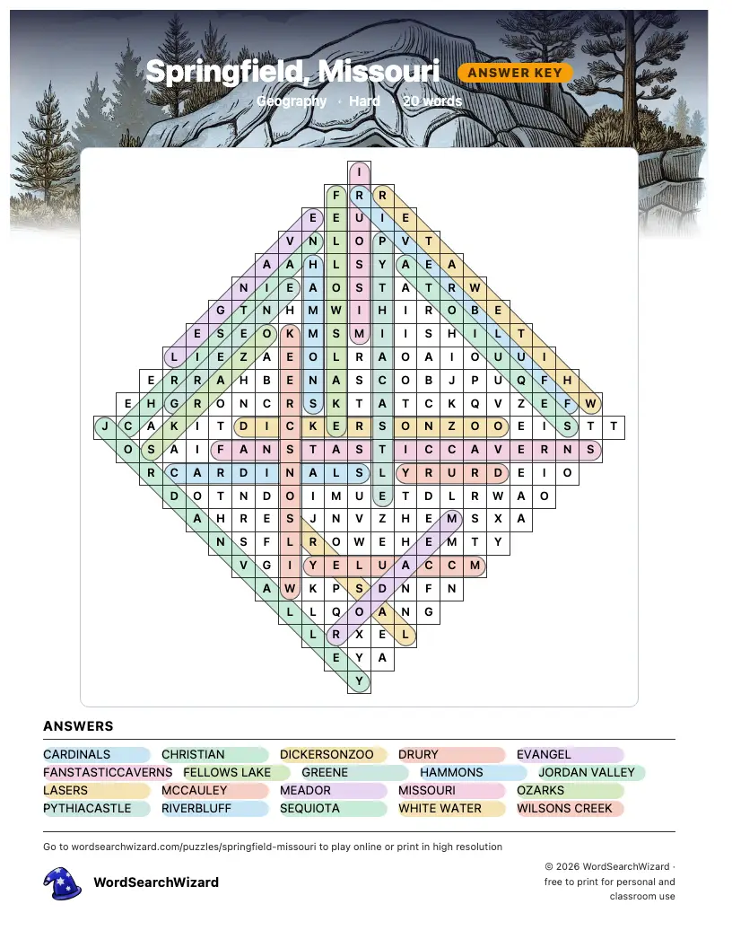 Springfield, Missouri word search answer key, all 20 words marked