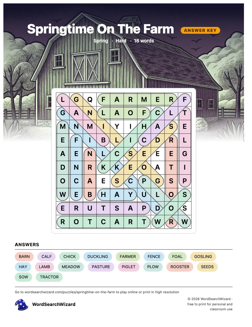 Springtime On The Farm word search answer key, all 18 words marked