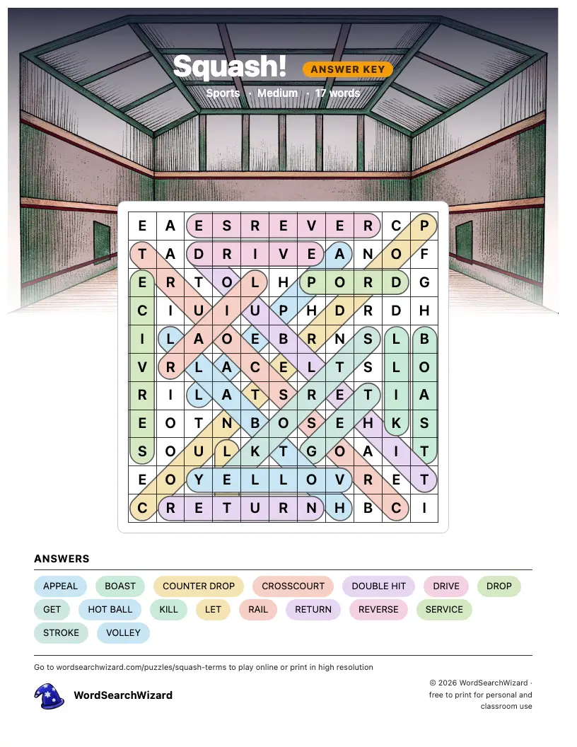 Squash! word search answer key, all 17 words marked