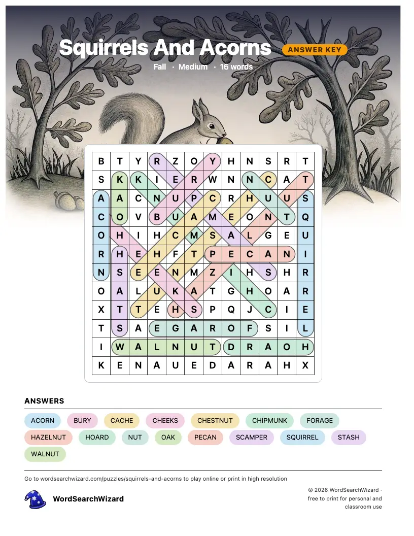 Squirrels And Acorns word search answer key, all 16 words marked