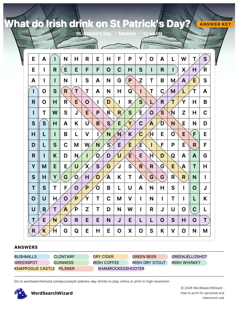 What do Irish drink on St Patrick's Day? word search answer key, all 13 words marked