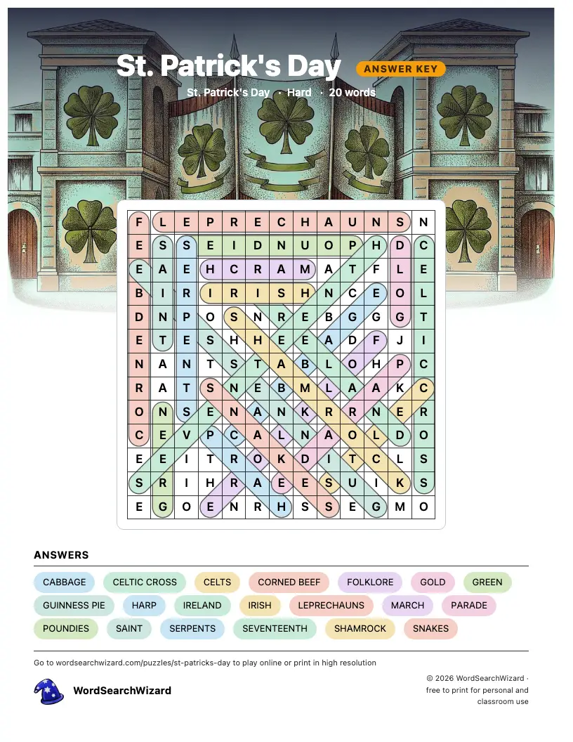 St. Patrick's Day word search answer key, all 20 words marked
