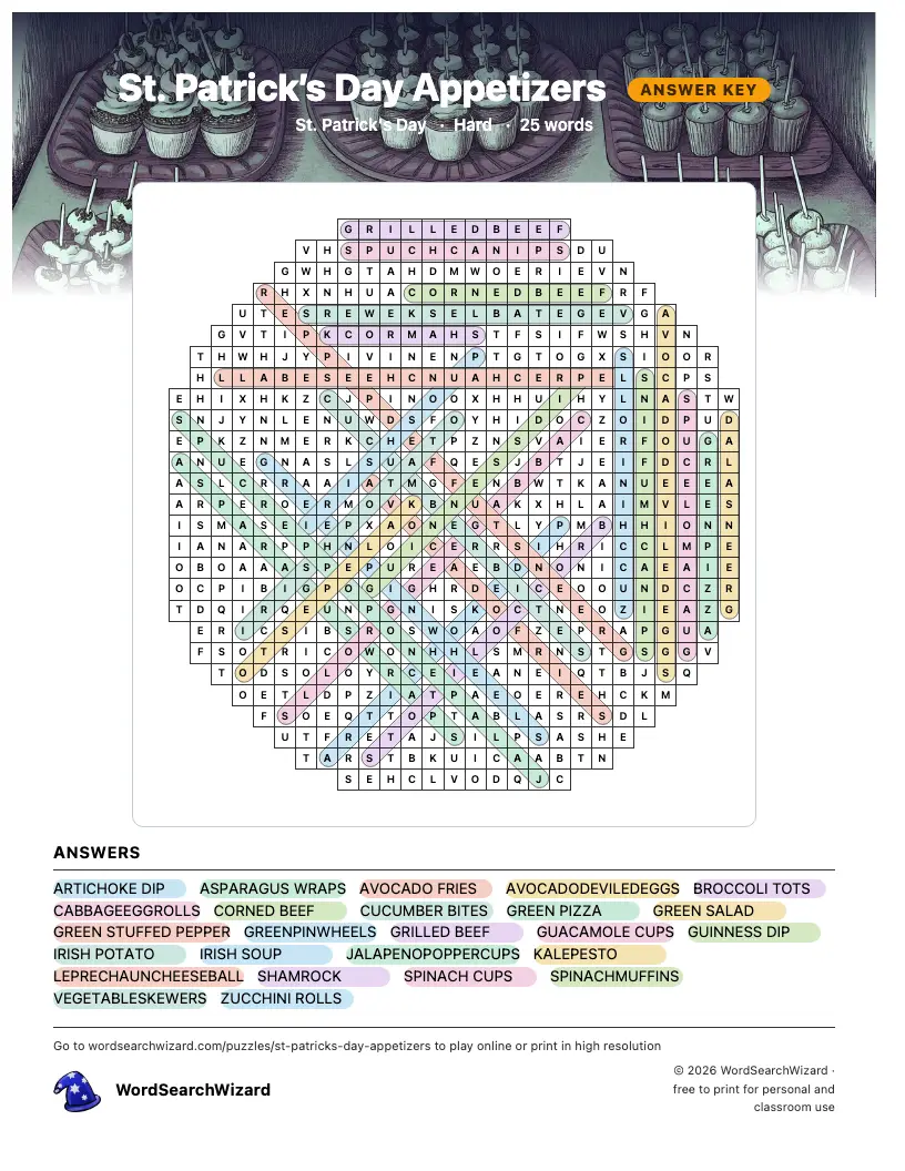 St. Patrick’s Day Appetizers word search answer key, all 25 words marked
