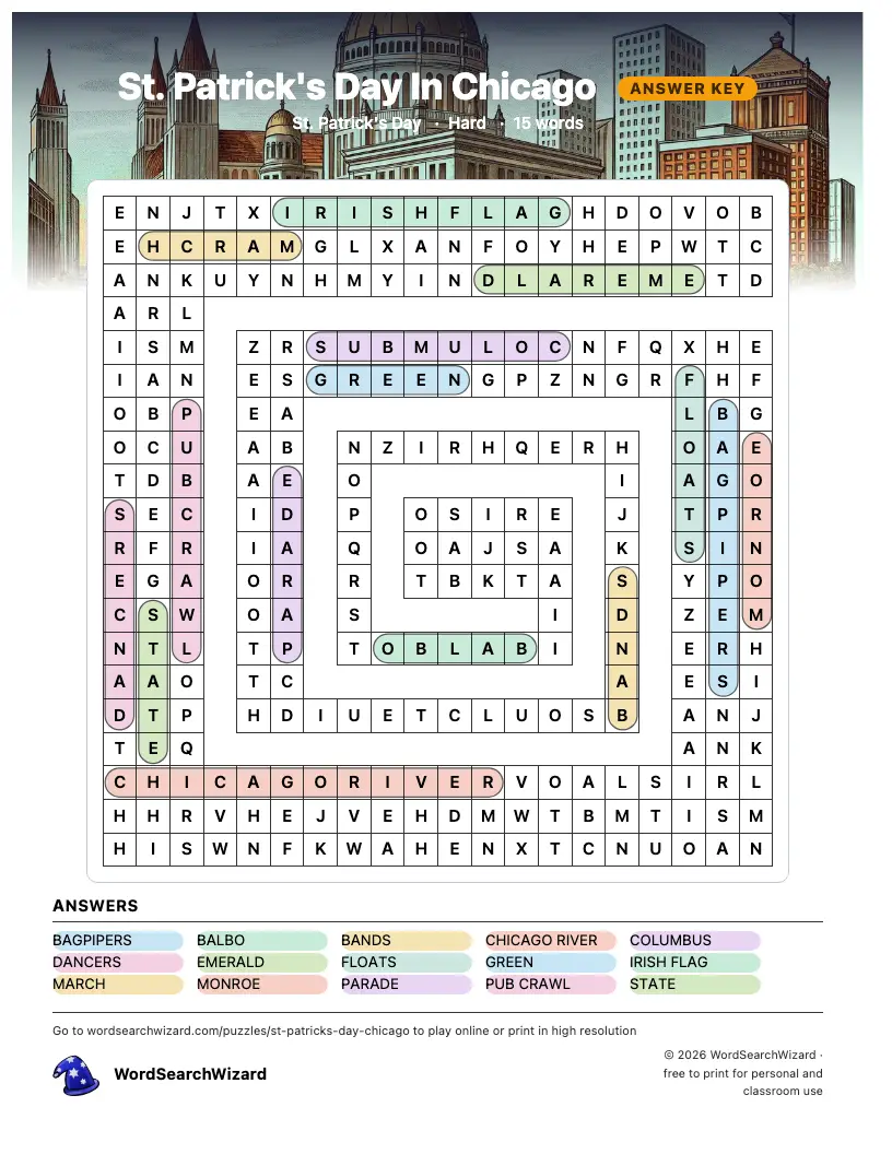 St. Patrick's Day In Chicago word search answer key, all 15 words marked