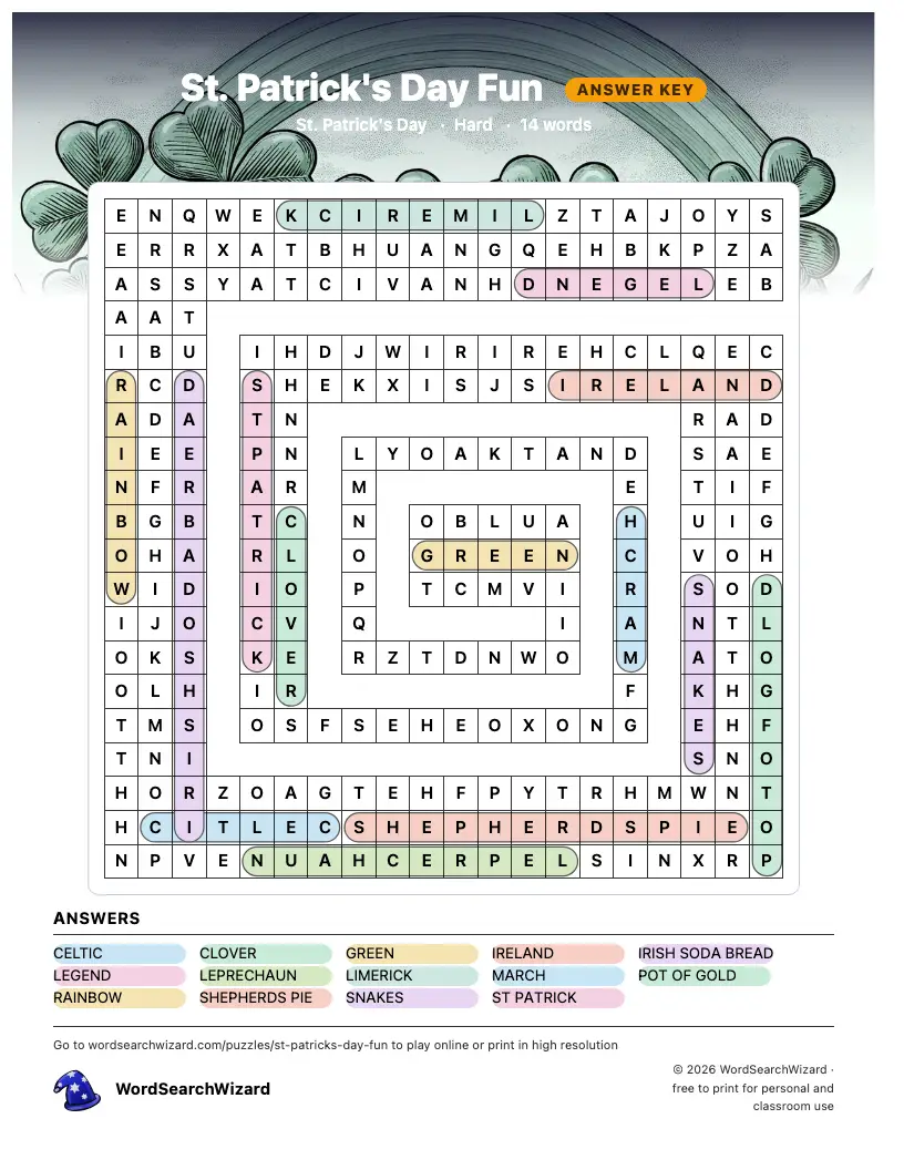 St. Patrick's Day Fun word search answer key, all 14 words marked