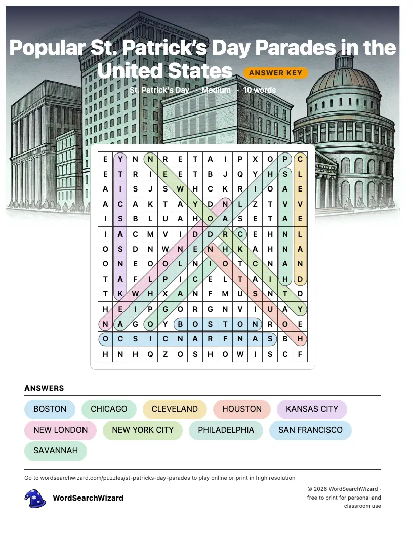 Popular St. Patrick’s Day Parades in the United States word search answer key, all 10 words marked