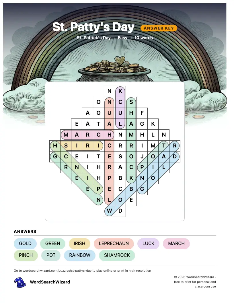 St. Patty's Day word search answer key, all 10 words marked