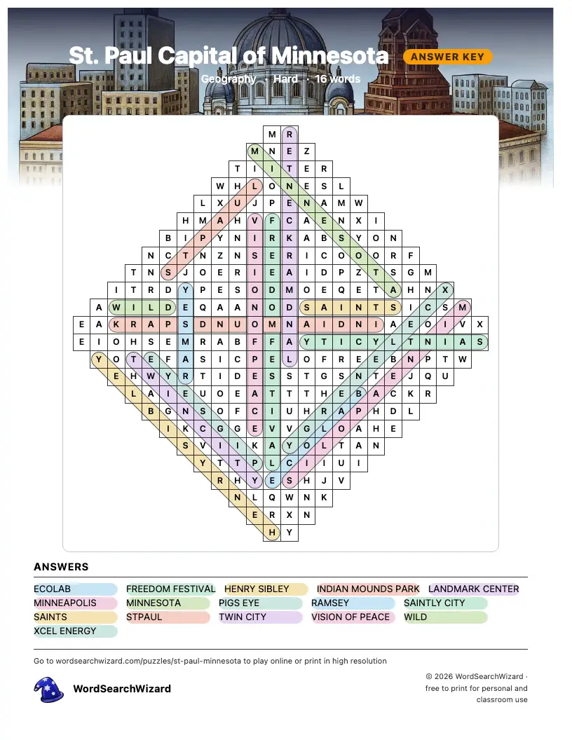 St. Paul Capital of Minnesota word search answer key, all 16 words marked