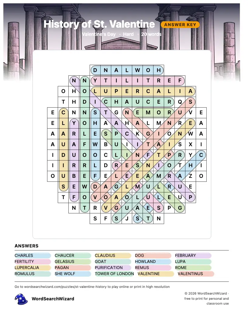 History of St. Valentine word search answer key, all 20 words marked