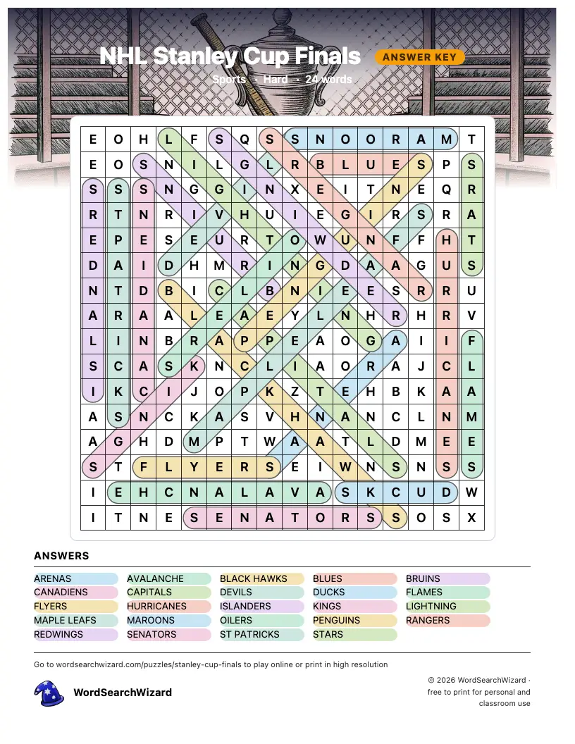 NHL Stanley Cup Finals word search answer key, all 24 words marked