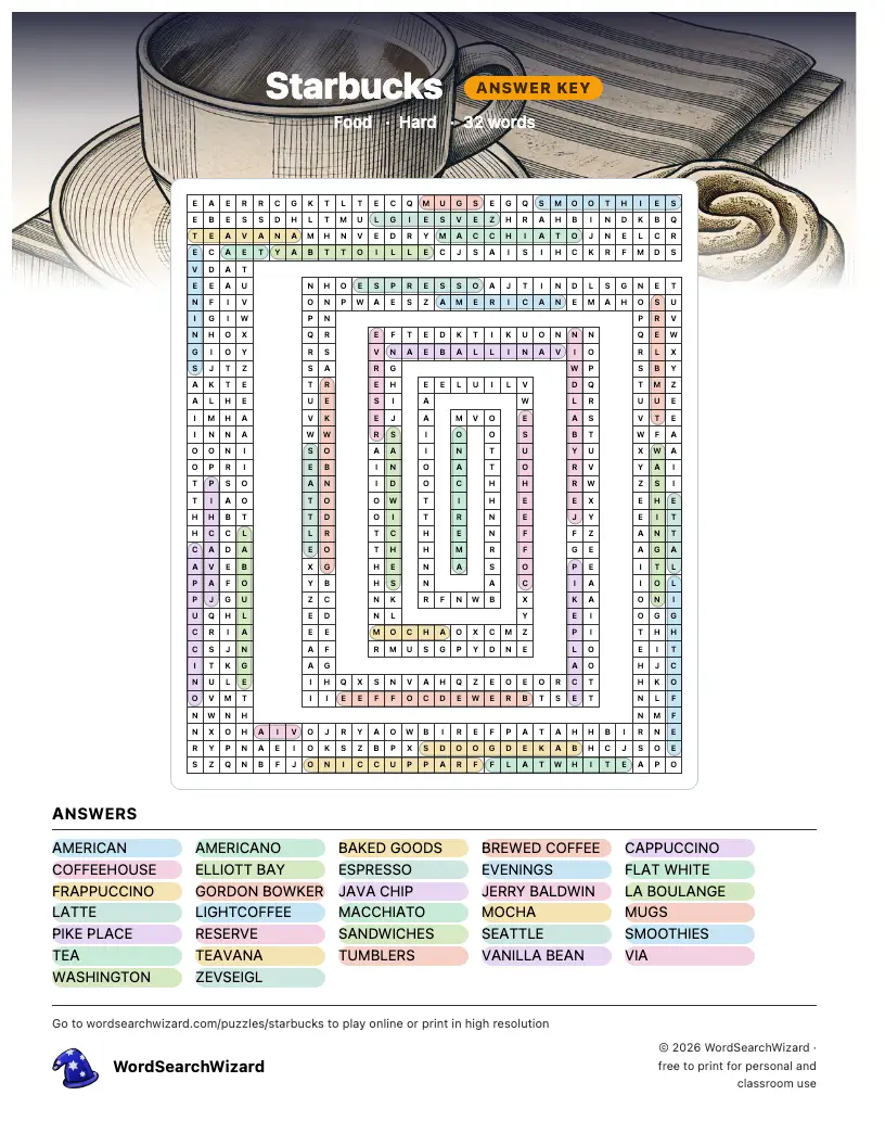Starbucks word search answer key, all 32 words marked