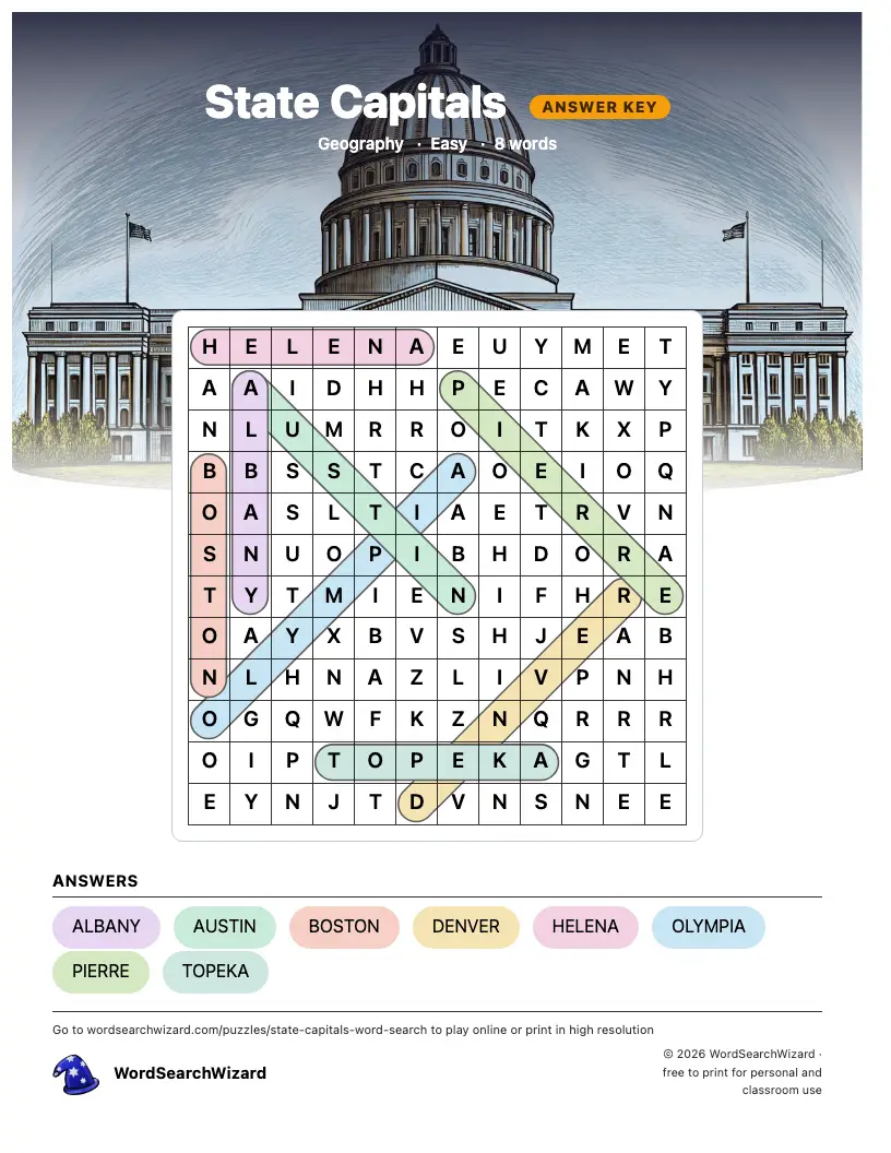 State Capitals word search answer key, all 8 words marked