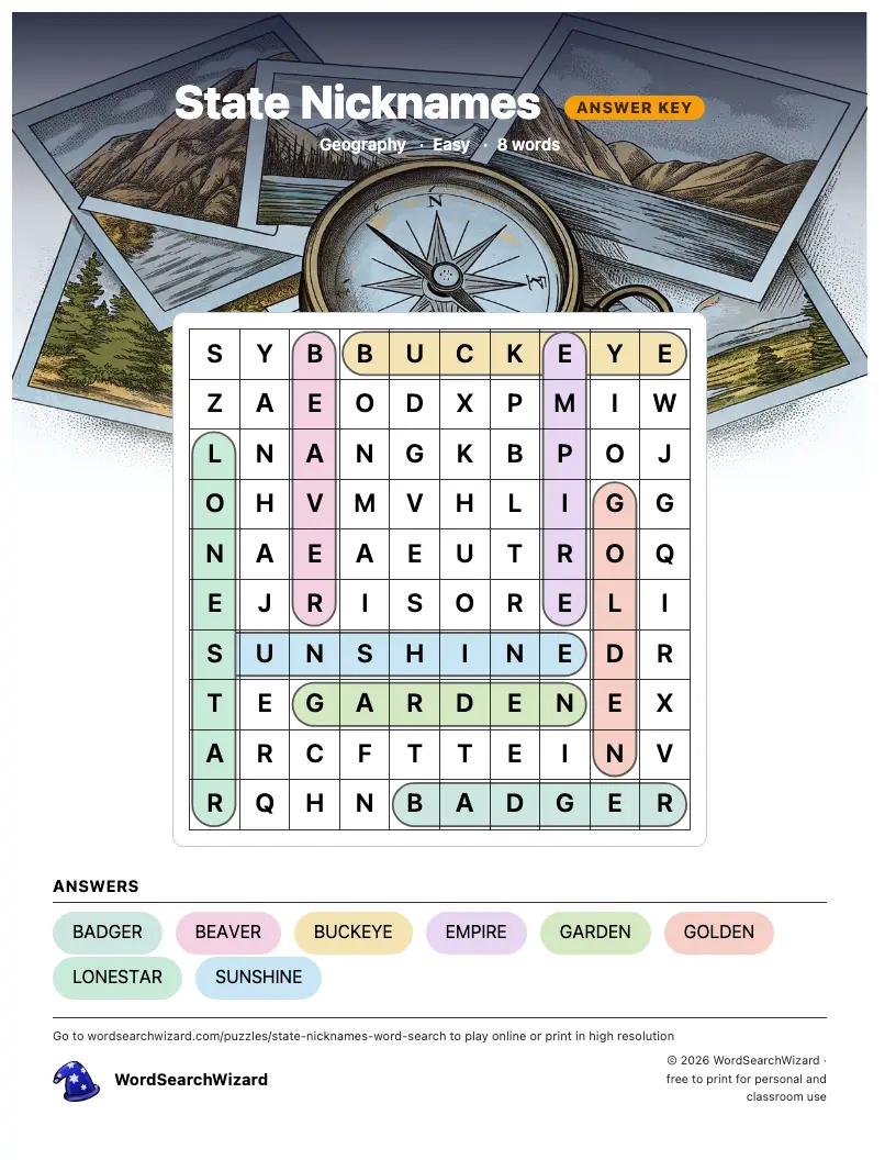 State Nicknames word search answer key, all 8 words marked