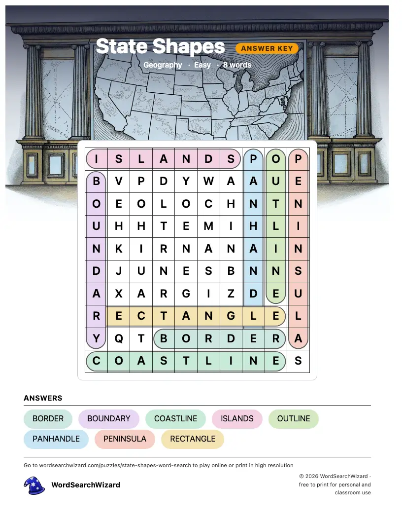State Shapes word search answer key, all 8 words marked