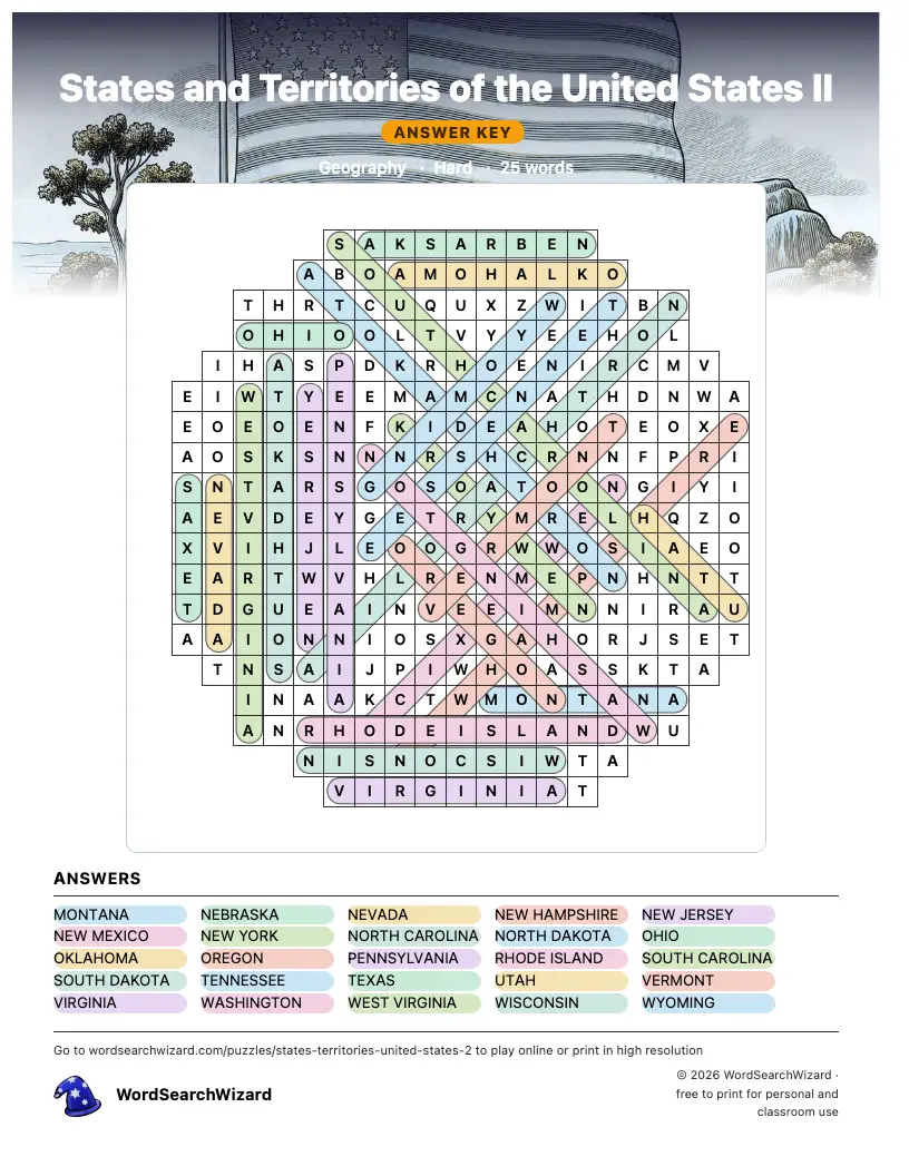 States and Territories of the United States II word search answer key, all 25 words marked