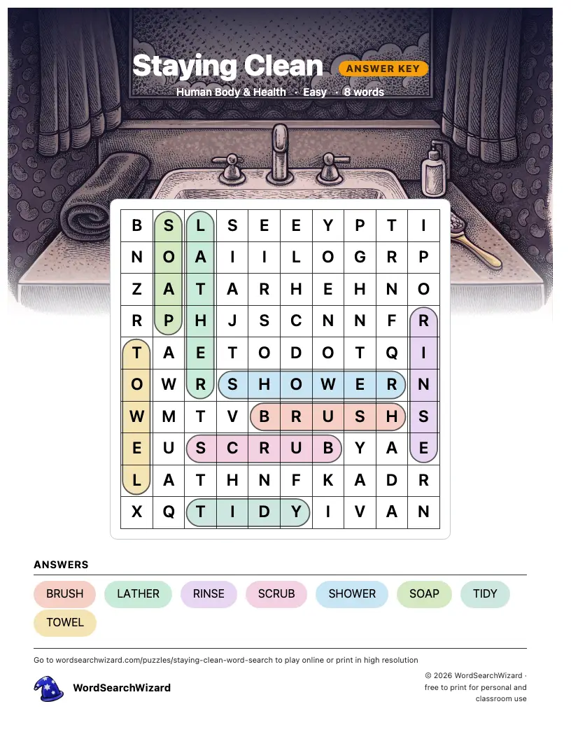 Staying Clean word search answer key, all 8 words marked