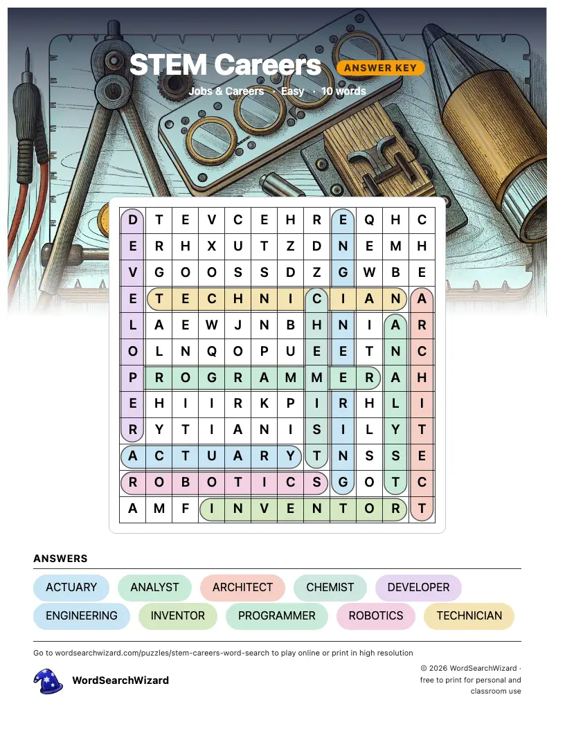 STEM Careers word search answer key, all 10 words marked