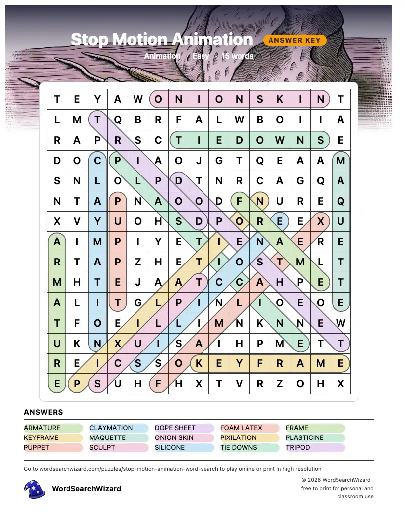 Stop Motion Animation word search answer key, all 15 words marked