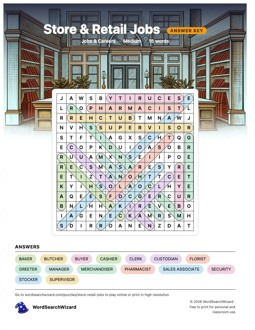 Store & Retail Jobs word search answer key, all 15 words marked