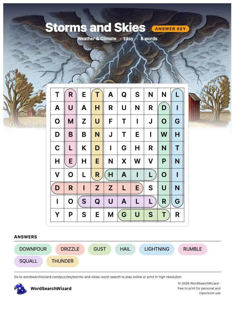 Storms and Skies word search answer key, all 8 words marked