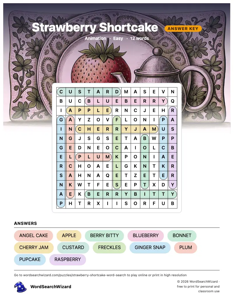 Strawberry Shortcake word search answer key, all 12 words marked