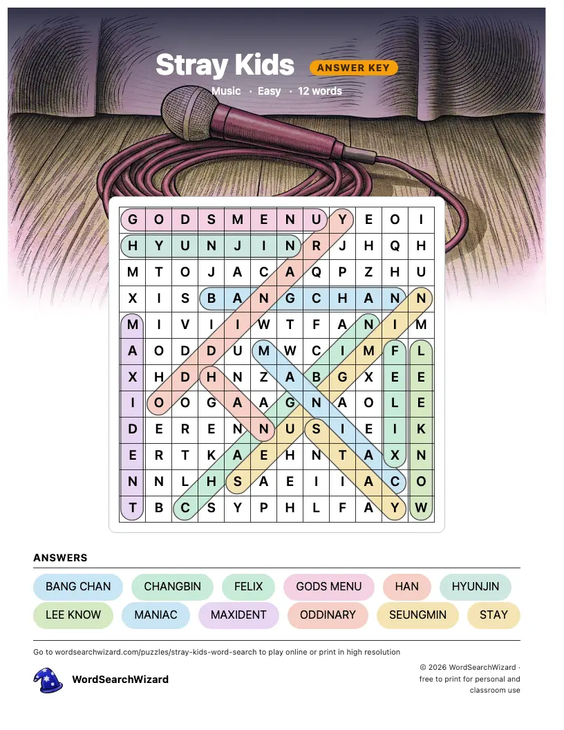Stray Kids word search answer key, all 12 words marked