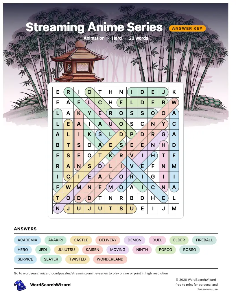 Streaming Anime Series word search answer key, all 20 words marked