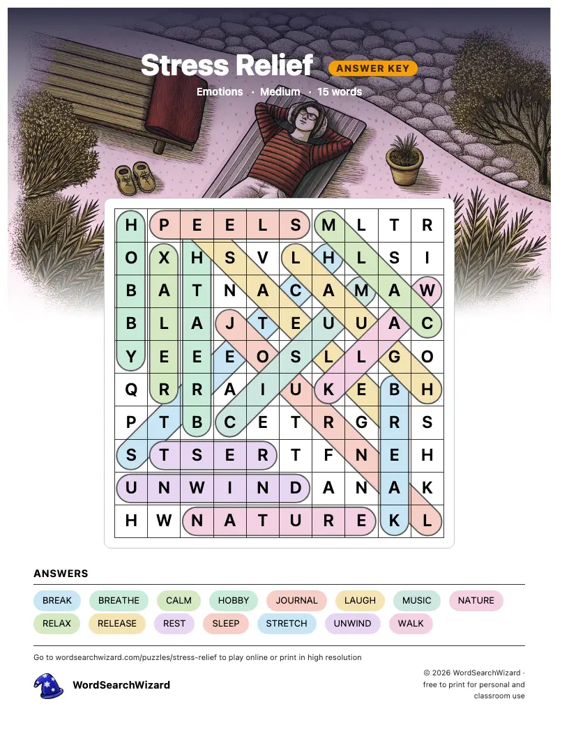 Stress Relief word search answer key, all 15 words marked