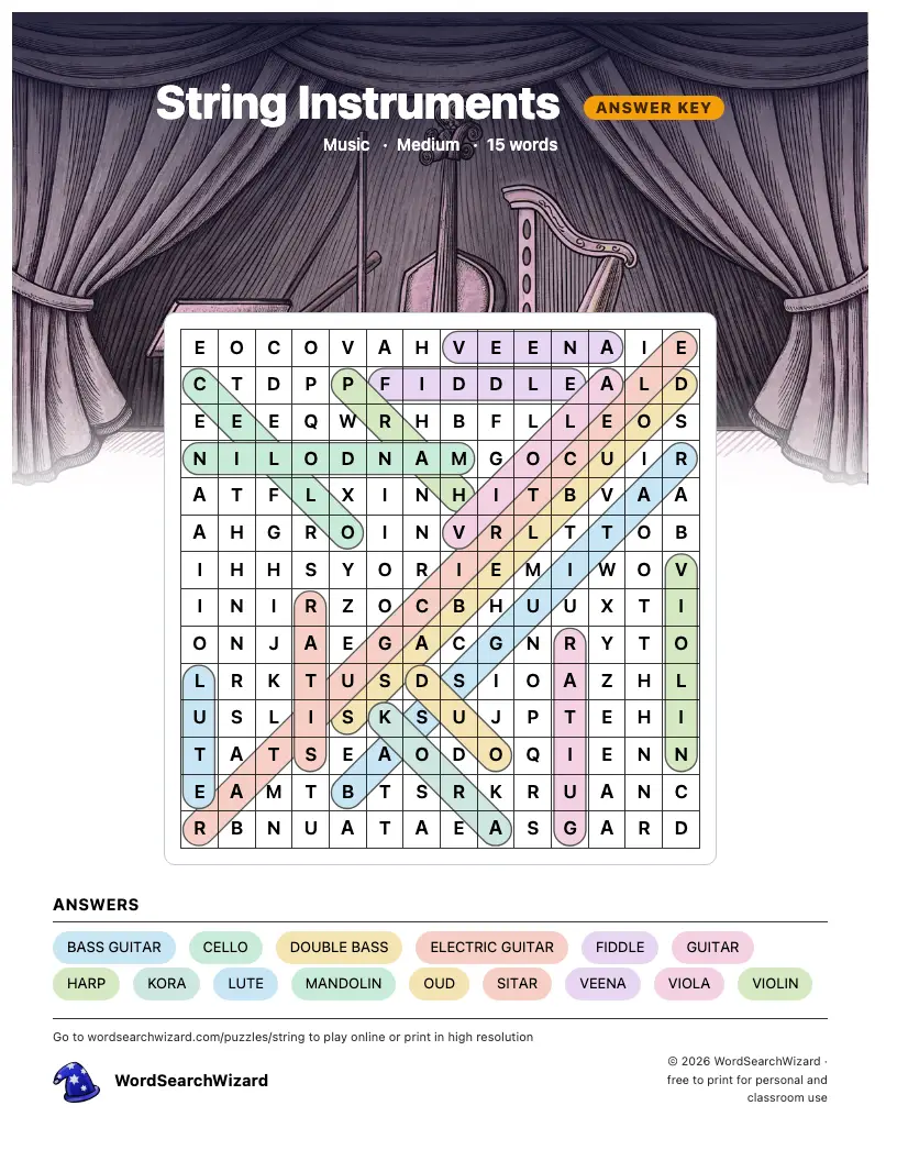 String Instruments word search answer key, all 15 words marked